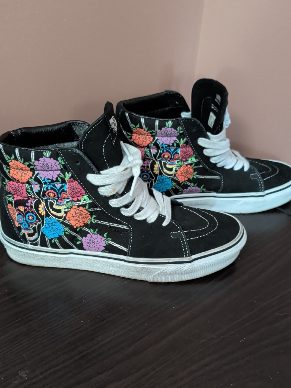 Vans Black High-Top Sneakers with Multicolor Floral Skull Embroidery